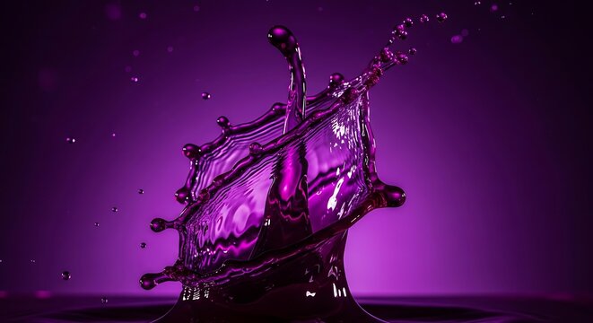 Purple liquid splashing dynamically against a dark background with illuminated highlights high speed liquid splash