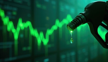 Naklejka premium Green fuel drop falls from pump nozzle over glowing financial market chart. Concept eco energy trading and alternative fuel economy investment.