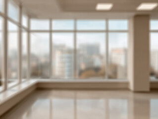 Fototapeta premium Spacious empty modern office interior with floor-to-ceiling windows offering panoramic city views and abundant natural light reflection on polished floor