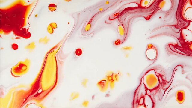 Abstract acrylic fluid art with red and yellow swirling paint drops