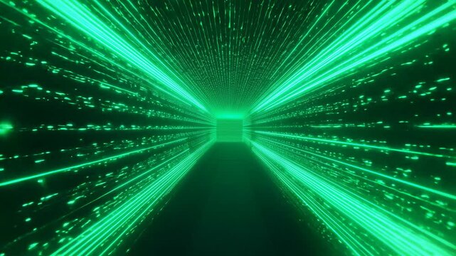 Flying through a neon green digital data stream tunnel in cyberspace