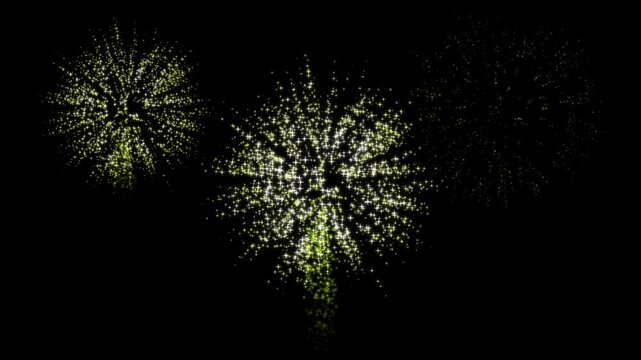 Fireworks glowing explosion, golden sparkle burst light, isolated transparent alpha channel, festive celebration effect, bright pyrotechnic display, 4k black background loop animation