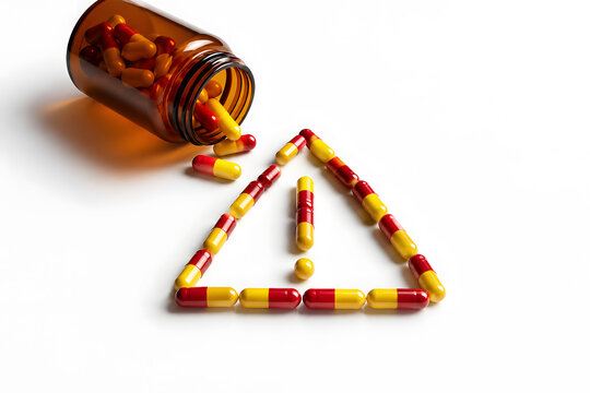 Amber pill bottle spilling capsules forming warning triangle, symbolizing drug risk, overdose and medication safety. Clean clinical composition, high contrast, isolated on white.

