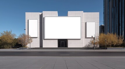 Obraz premium Blank billboard mockup standing out on the facade of modern building, attracting attention with its empty space waiting for creative ads. Ideal for advertising display, urban scenery addition, showing
