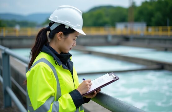 Asian woman engineer wears hard hat and safety vest. She checks clipboard with data at water treatment plant outdoor. Facility monitors water quality.