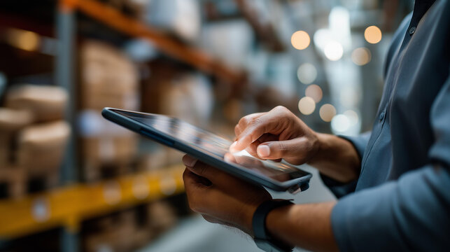 Hands using tablet for inventory checklist in warehouse logistics professional checking cargo with technology for distribution organized depot environment with systematic supply