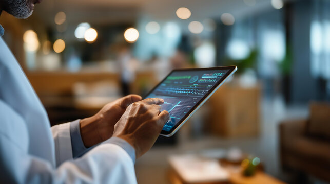 Hands holding tablet showing medical data during consultation doctor in white coat reviewing digital results with patient modern clinic environment with comfortable seating and