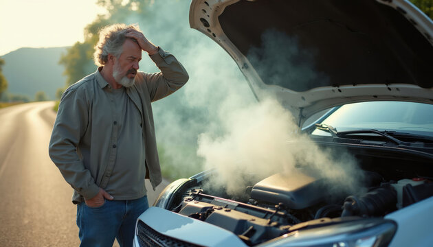 Man stands beside car with steaming engine. Driver looks stressed and worried about vehicle breakdown on roadside. He holds hand to his head in despair.