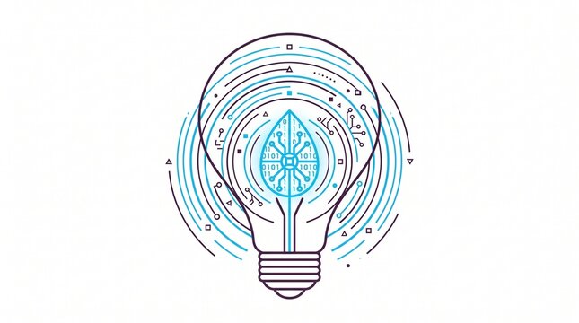 Conceptual minimalist vector illustration of a lightbulb with an intricate circuit board and mechatronics-patterned leaf inside, surrounded by radiating concentric blue lines and orbiting particles re