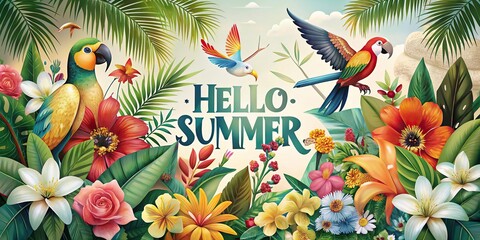Fototapeta premium Watercolor tropical parrots with summer flowers and palm leaves hello summer