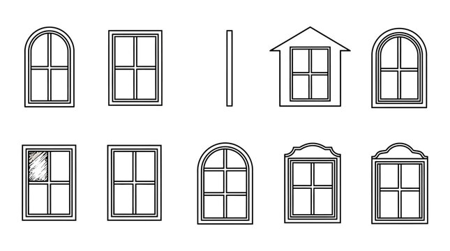 set of ten minimalist architectural window and door illustrations in line art style for design templates