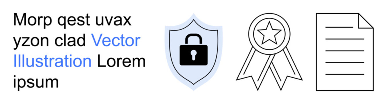 Cybersecurity, data protection, authentication, certification, compliance, document security. Lock on shield, badge with star paper with lines. Cybersecurity and data protection concept
