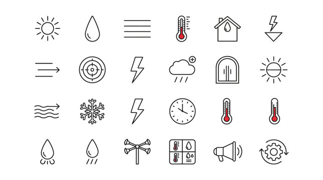 Weather Icons Collection: Sun, Rain, Snow, Temperature, Wind, Lightning, Cloud, Clock, Thermometer & More