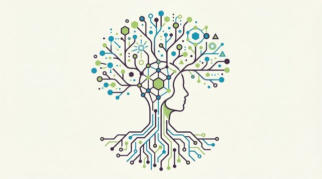 minimalist flat vector illustration of human profile integrated with a circuit board tree with tech roots and branches representing artificial intelligence and digital growth concept