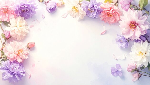 Spring blossom flowers framing the edges of the image, warm pastel tones,  clean white background in the center for copy space	

