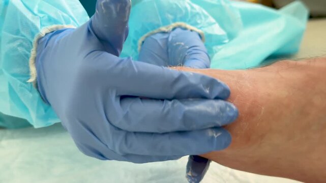 Healthcare professional in blue gloves examines patients foot, applying gentle pressure while seated on a medical examination table in a clinical setting