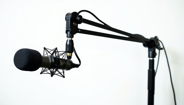 Pro studio microphone on adjustable boom arm isolated on white background. Equipment for recording audio voice podcasts music interviews and radio.