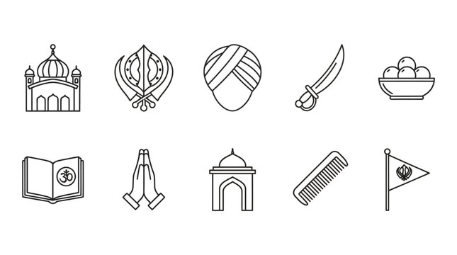 Sikhism Icons: Gurdwara, Khanda, Turban, Kirpan, Kara, Guru Granth Sahib, Namaste Hands, Comb, Nishan Sahib Flag