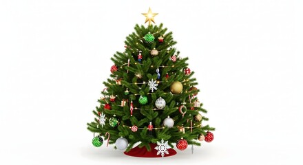 Fototapeta premium Vibrantly decorated Christmas tree adorned with colorful baubles, sparkling lights, and a radiant golden star, symbolizing festive holiday joy