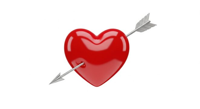 Three-Dimensional Red Heart Symbol Struck by a Silver Arrow, Iconic Representation of Love, Romance, Affection, and Passion for Valentine's Day and Emotional Concepts