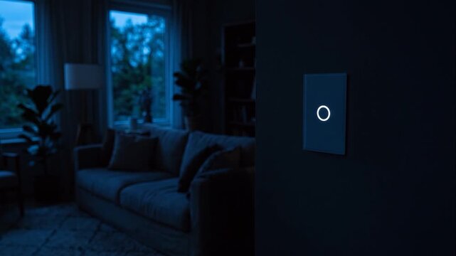 Person turning off smart light switch at home evening energy saving concept