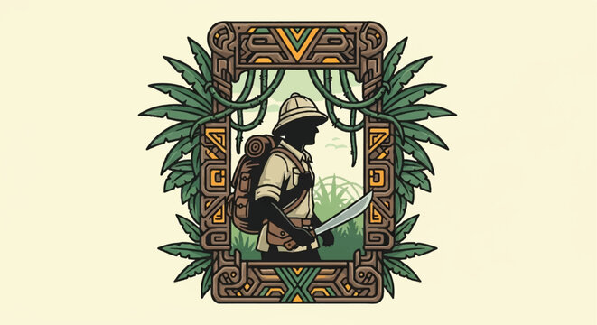 Explorer silhouette with backpack and machete jungle illustration