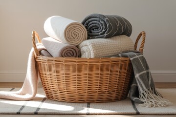 Fototapeta premium Wicker basket with rolled blankets in soft sunlight cozy home interior with warm textile storage and comfort atmosphere