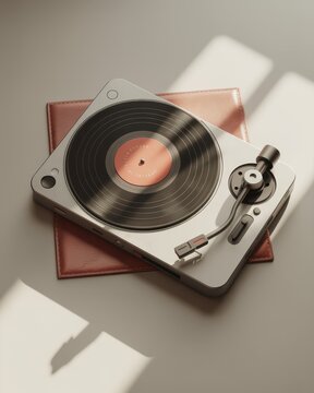 Vinyl record player with spinning disc on modern turntable in soft sunlight minimal retro music setup on neutral background