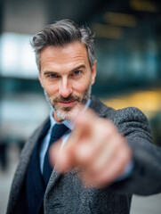 Naklejka premium Confident mature businessman with gray hair and beard pointing directly at camera outdoors in an urban professional setting with blurred background