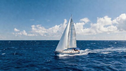 Fototapeta premium Single sailboat cutting through deep blue ocean under scattered clouds