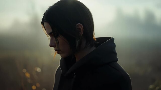 Young woman in hooded coat backlit portrait with moody expression, warm rim backlight haze