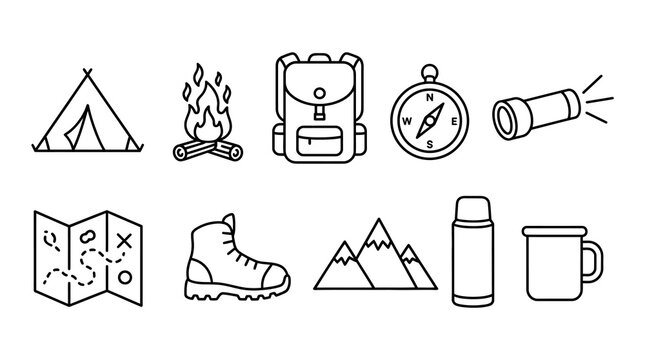 flat design essential survival kit icons with camping and emergency gear vector illustration