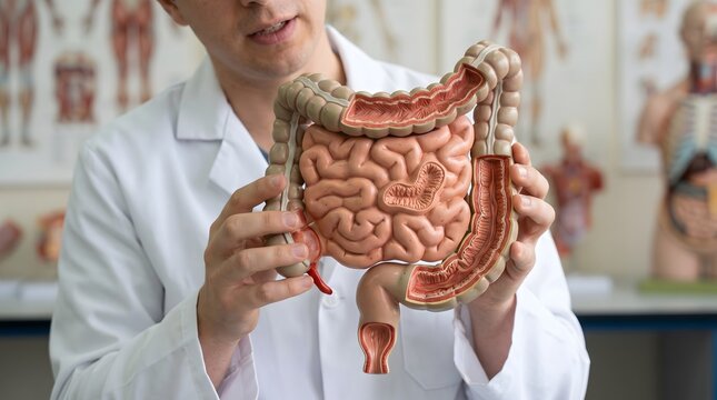 Doctor Demonstrates Human Digestive System Anatomy Model.