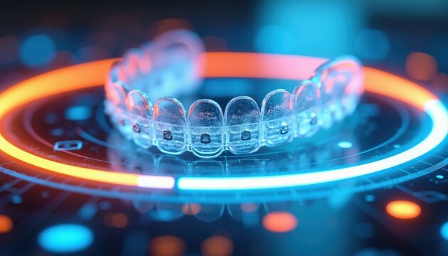 Clear dental aligner with invisible braces sits on futuristic digital interface. Neon blue and orange lights glow around transparent mouthguard. Modern teeth alignment tech.