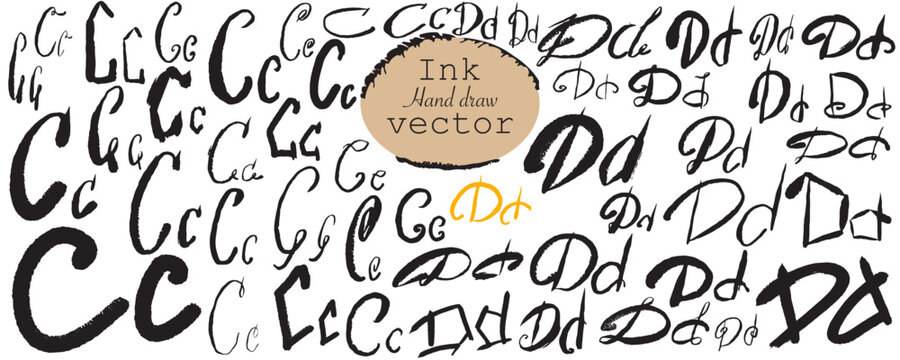 Different variations of the letter &ldquo;C&rdquo;and letter &bdquo;D&ldquo; Modern calligraphy. Ink, brush texture, handwritten Great for logo design. Vector, isolated.