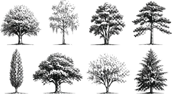 Black and White Layered Forest Landscape Vector with Tree PNG Seamless Nature on transparent background