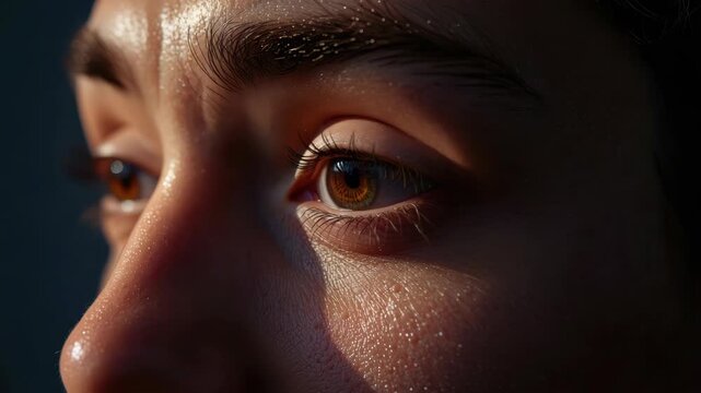Closed eye dewy skin with long eyelash and eyebrow close up brown hazel eye textured skin dramatic