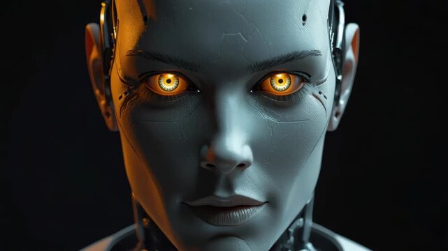 Futuristic android robot portrait with glowing amber eyes, textured cracked metallic face
