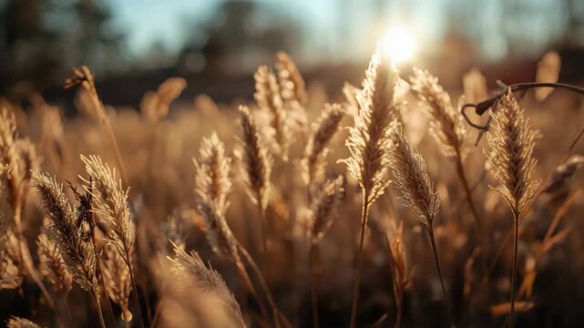 Golden grass field sunset with warm backlight and soft bokeh golden backlit grass field sunset with