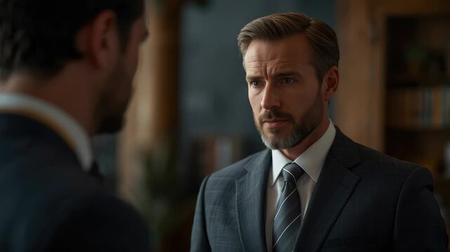 Middle aged businessman suit and tie speaking seriously office conversation with colleague