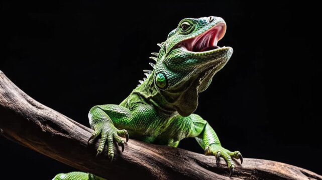Green iguana with open mouth on branch against black background