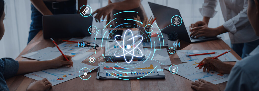 A vibrant office scene depicting a collaborative brainstorming session where diverse professionals engage with digital tools and charts to foster creativity and innovation. Trope
