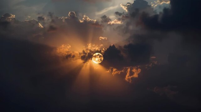 Golden sunburst through dramatic clouds at sunset sunbeam sky with warm sun rays illuminating clouds