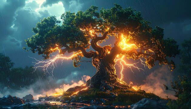 Lighting strikes an old, gnarled tree during a rainstorm with dramatic, vibrant light and lush foliage