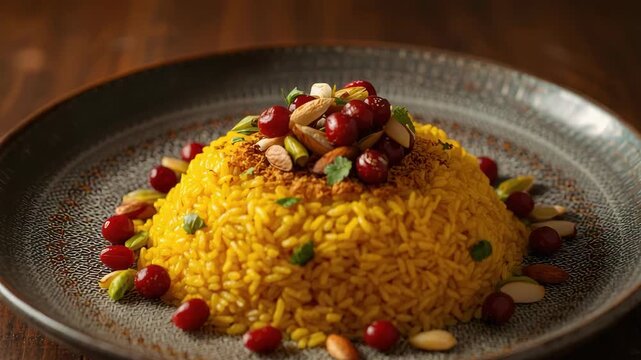 Saffron golden basmati rice pilaf garnished with nuts and red berries for festive yellow aroma