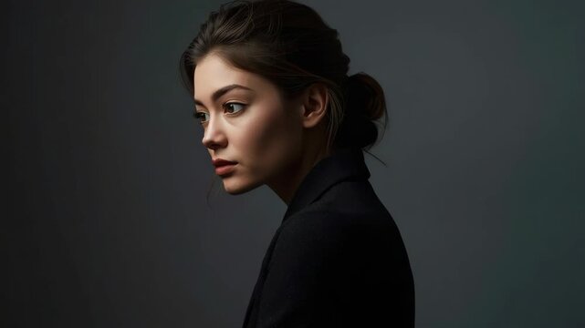 Young woman portrait female person moody lighting portrait with soft dramatic low key lighting