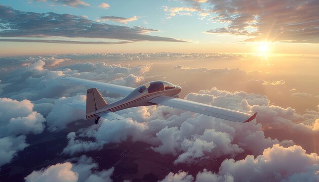 Diamond DA40 aircraft soars above a sea of clouds at sunset.