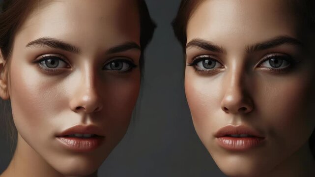 Young female twin portrait close up face of two women with soft lighting and calm expression