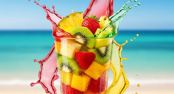 Colorful fruit cocktail splashing against a blurred beach and ocean background with cocktail garnish, motion blur