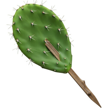 Prickly pear cactus pad impaled on a wooden stake, isolated on transparent background